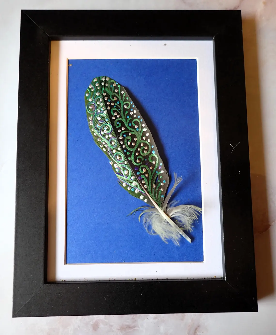 Painted Goose Feather Peacock Iridescent Green Blue and Gold